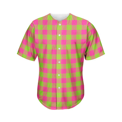 Pink And Green Buffalo Plaid Print Men's Baseball Jersey