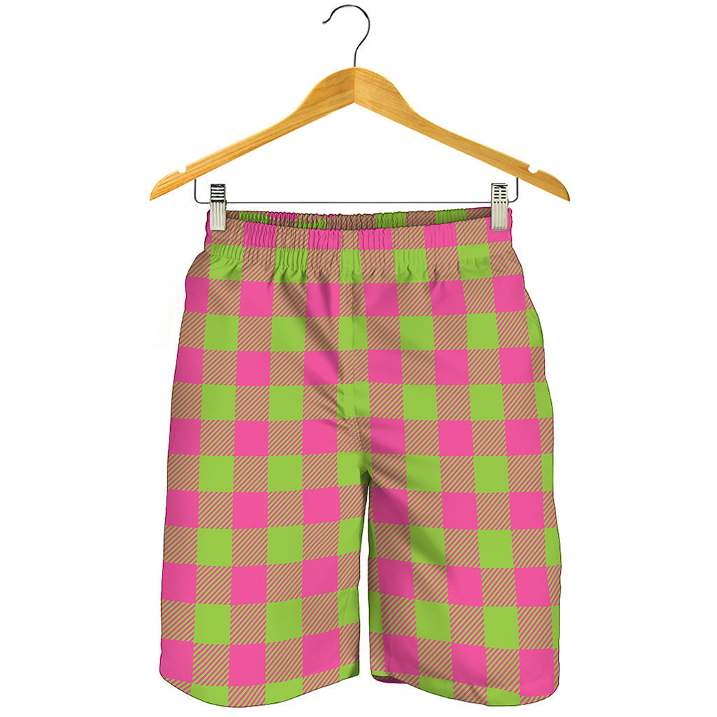 Pink And Green Buffalo Plaid Print Men's Shorts
