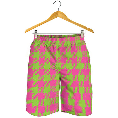 Pink And Green Buffalo Plaid Print Men's Shorts