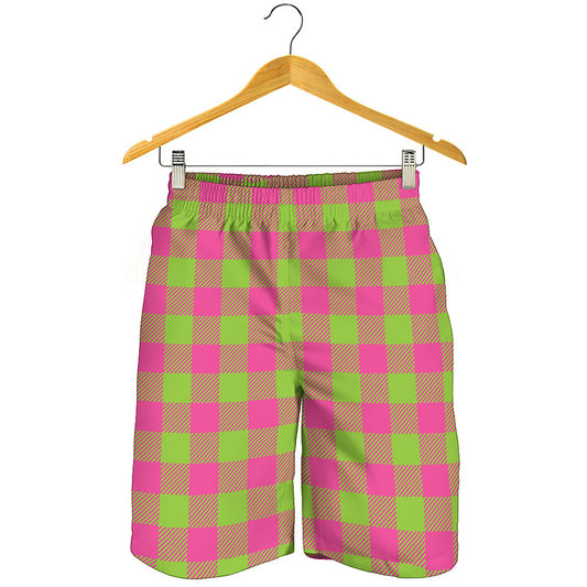 Pink And Green Buffalo Plaid Print Men's Shorts