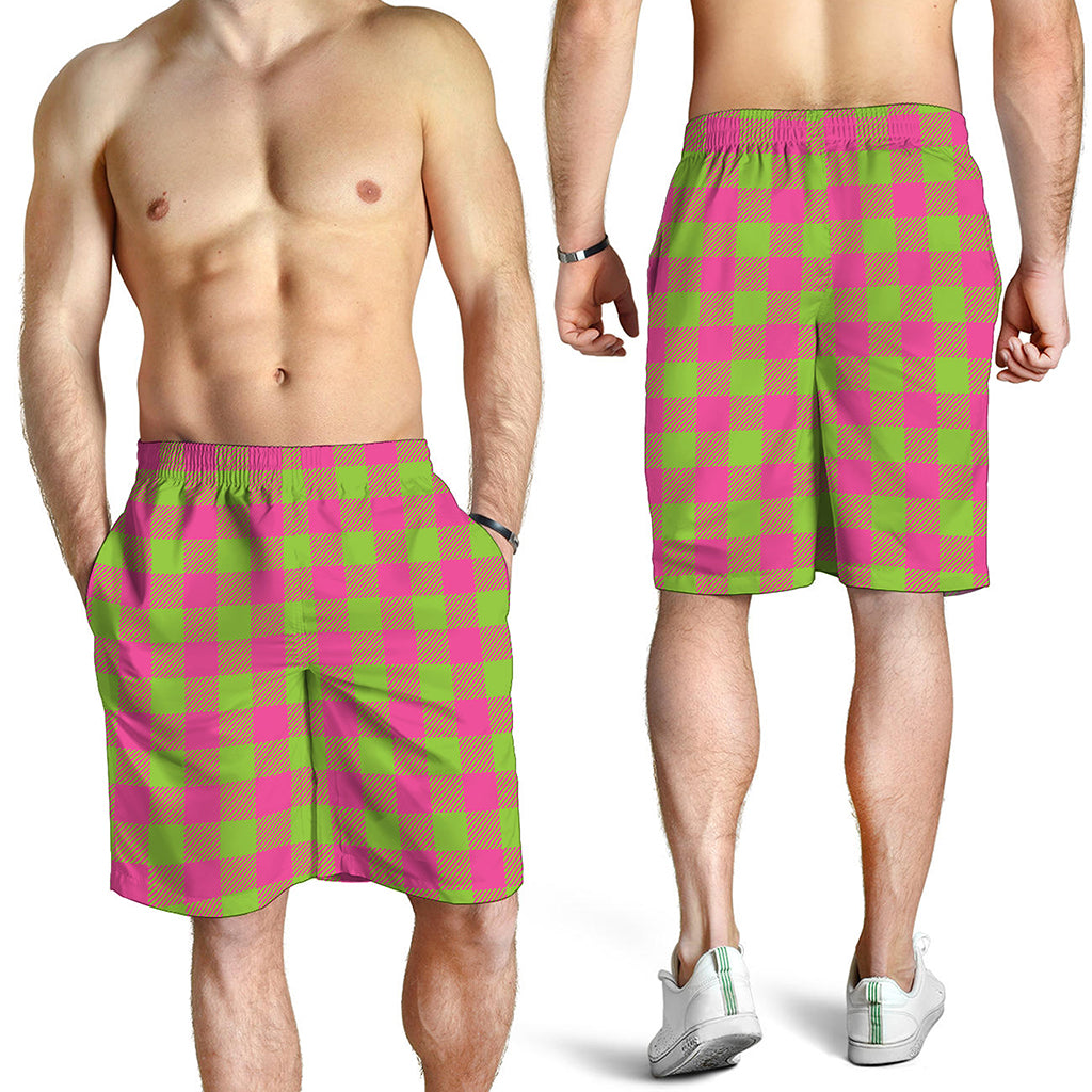 Pink And Green Buffalo Plaid Print Men's Shorts