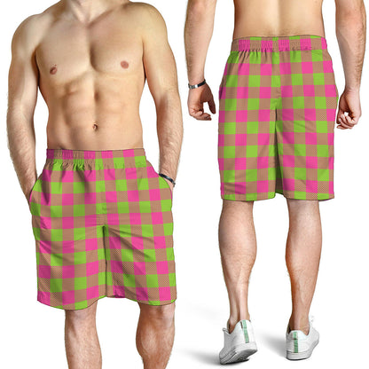 Pink And Green Buffalo Plaid Print Men's Shorts
