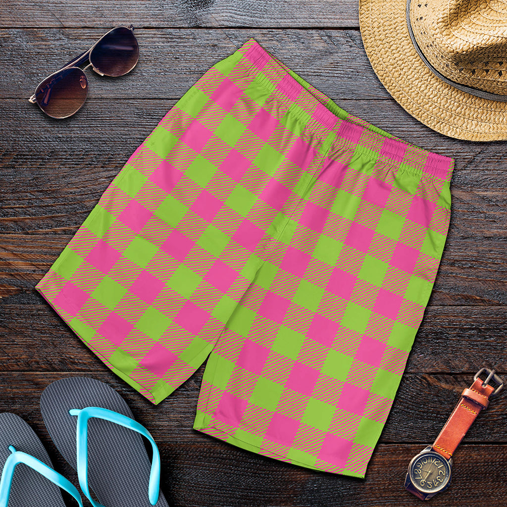 Pink And Green Buffalo Plaid Print Men's Shorts