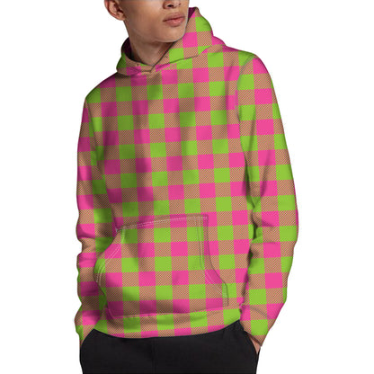 Pink And Green Buffalo Plaid Print Pullover Hoodie