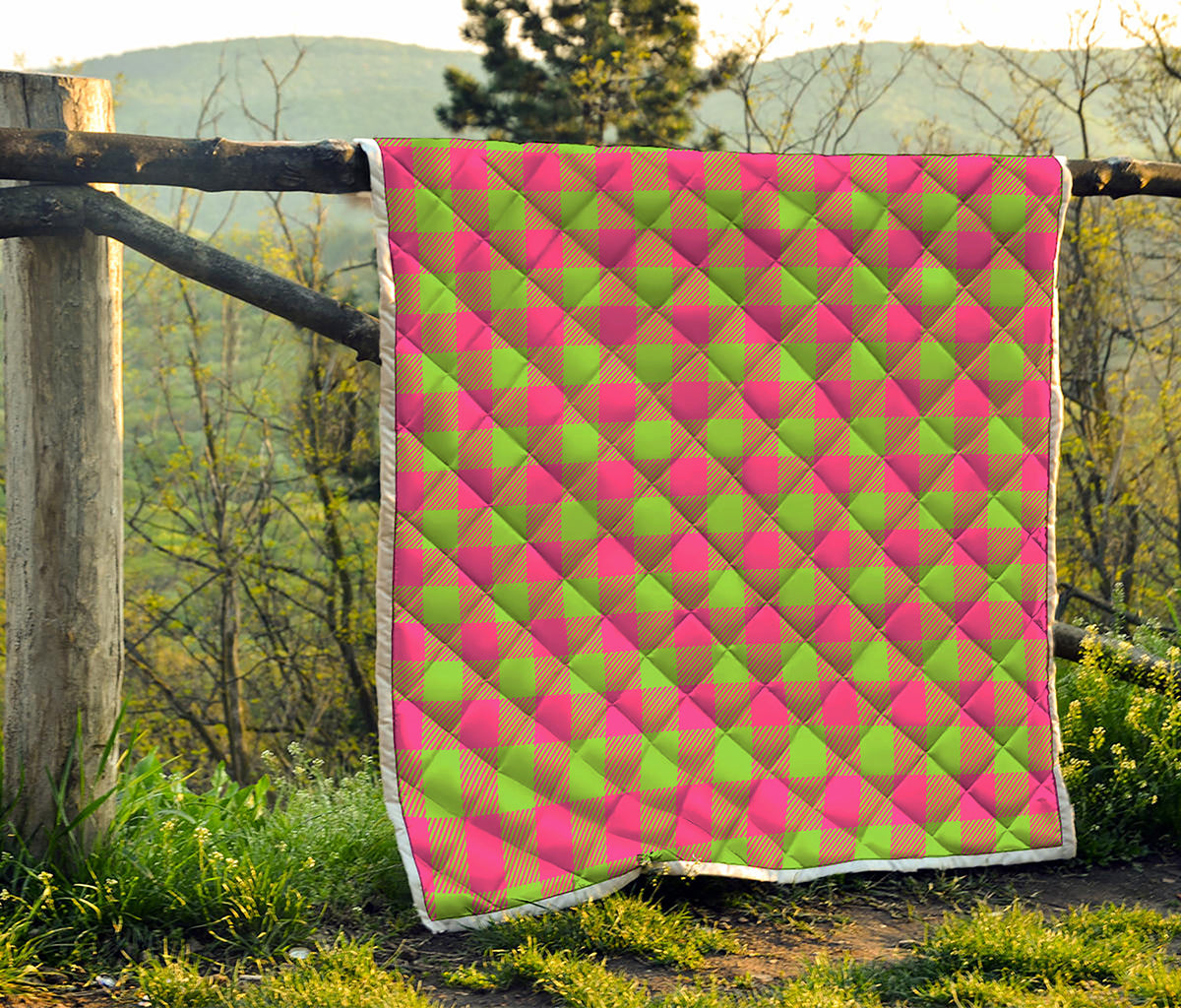 Pink And Green Buffalo Plaid Print Quilt