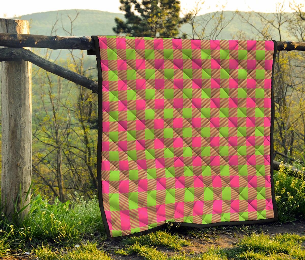 Pink And Green Buffalo Plaid Print Quilt