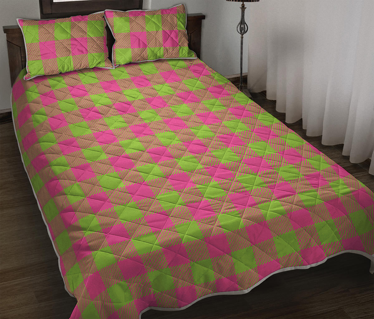 Pink And Green Buffalo Plaid Print Quilt Bed Set