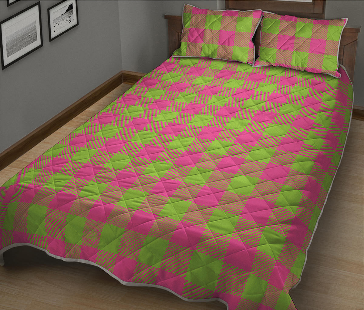 Pink And Green Buffalo Plaid Print Quilt Bed Set