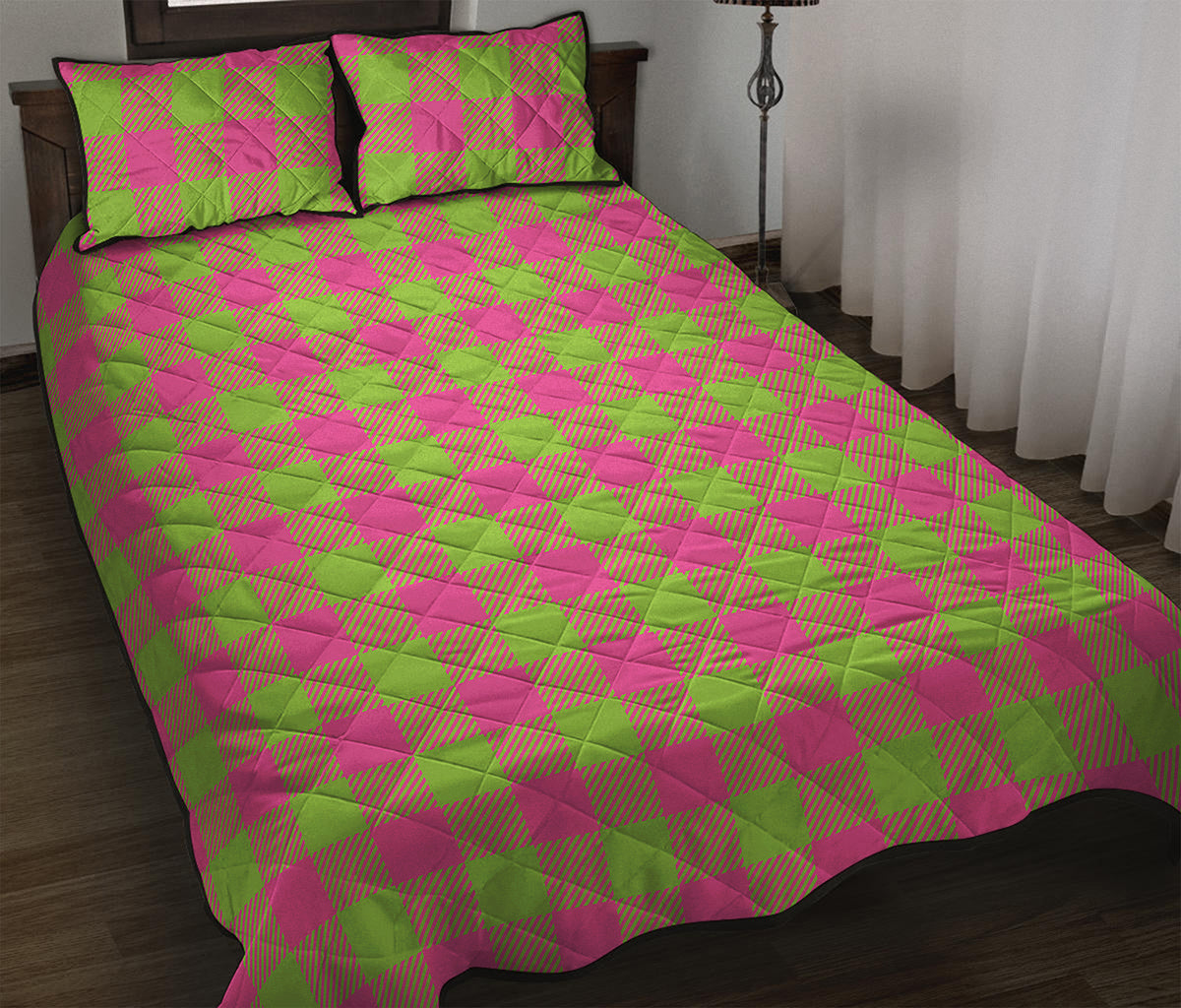 Pink And Green Buffalo Plaid Print Quilt Bed Set