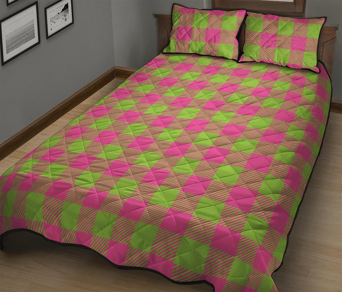 Pink And Green Buffalo Plaid Print Quilt Bed Set