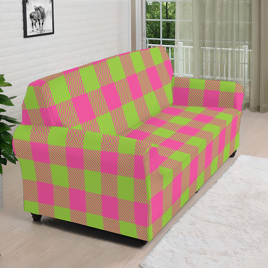 Pink And Green Buffalo Plaid Print Sofa Cover