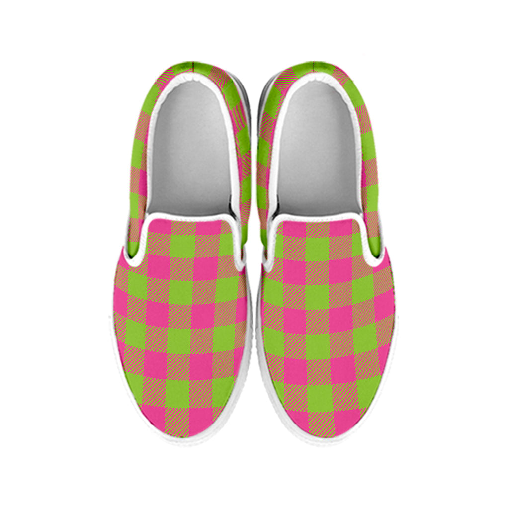 Pink And Green Buffalo Plaid Print White Slip On Shoes