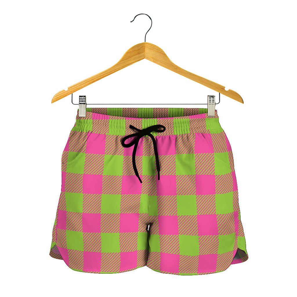 Pink And Green Buffalo Plaid Print Women's Shorts
