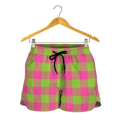 Pink And Green Buffalo Plaid Print Women's Shorts