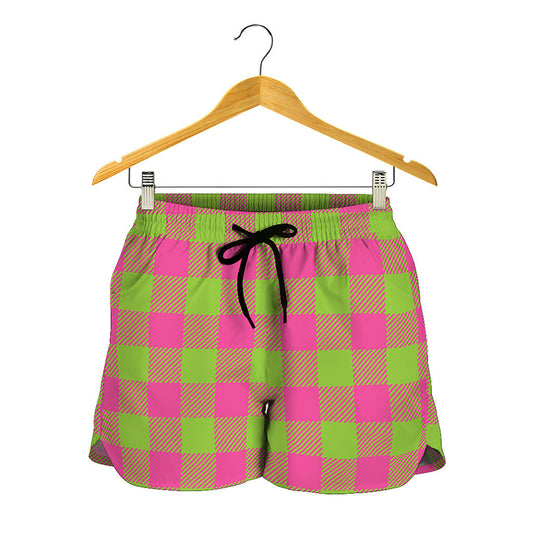 Pink And Green Buffalo Plaid Print Women's Shorts