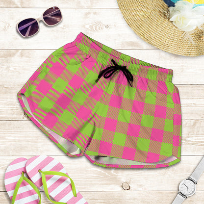 Pink And Green Buffalo Plaid Print Women's Shorts