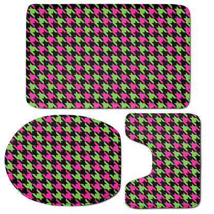 Pink And Green Houndstooth Pattern Print 3 Piece Bath Mat Set