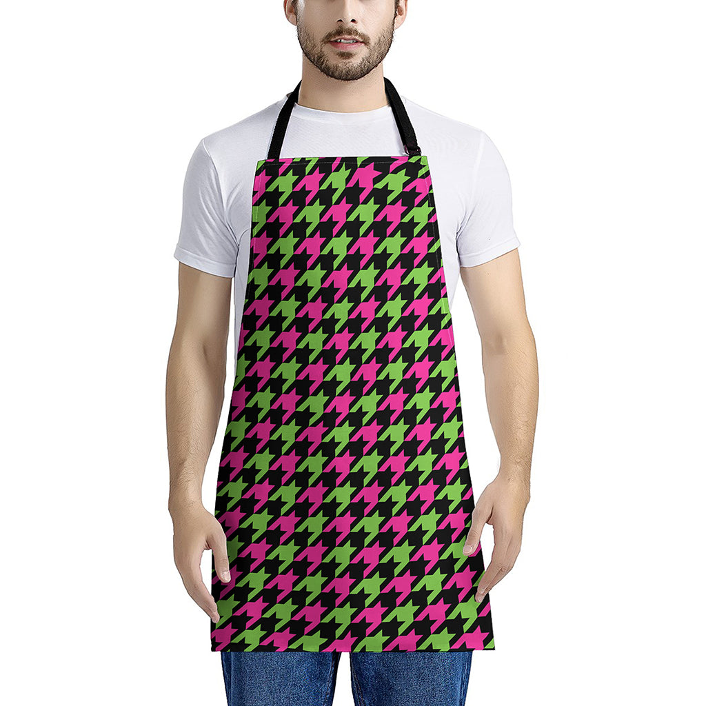 Pink And Green Houndstooth Pattern Print Apron