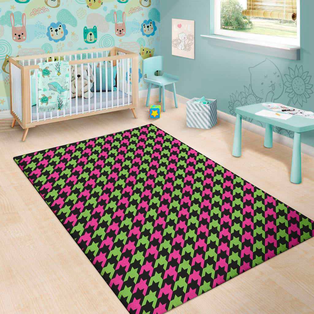 Pink And Green Houndstooth Pattern Print Area Rug