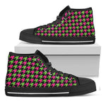 Pink And Green Houndstooth Pattern Print Black High Top Shoes