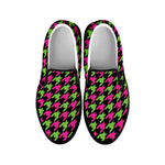 Pink And Green Houndstooth Pattern Print Black Slip On Shoes