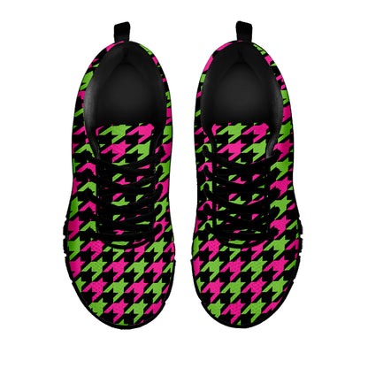 Pink And Green Houndstooth Pattern Print Black Sneakers