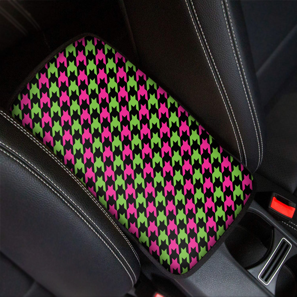 Pink And Green Houndstooth Pattern Print Car Center Console Cover