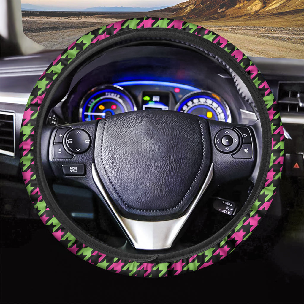 Pink And Green Houndstooth Pattern Print Car Steering Wheel Cover