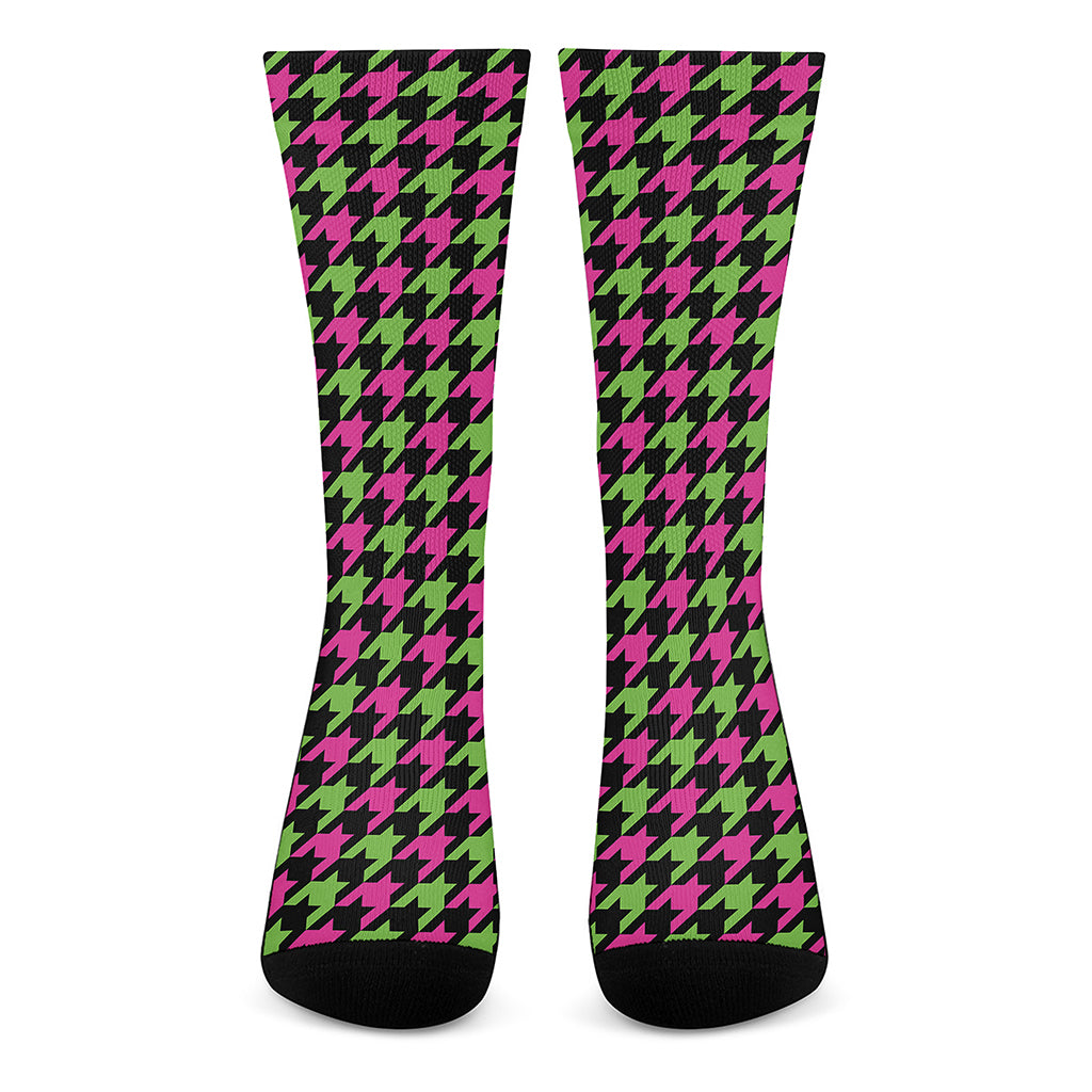 Pink And Green Houndstooth Pattern Print Crew Socks