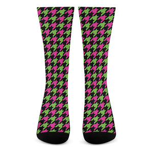 Pink And Green Houndstooth Pattern Print Crew Socks