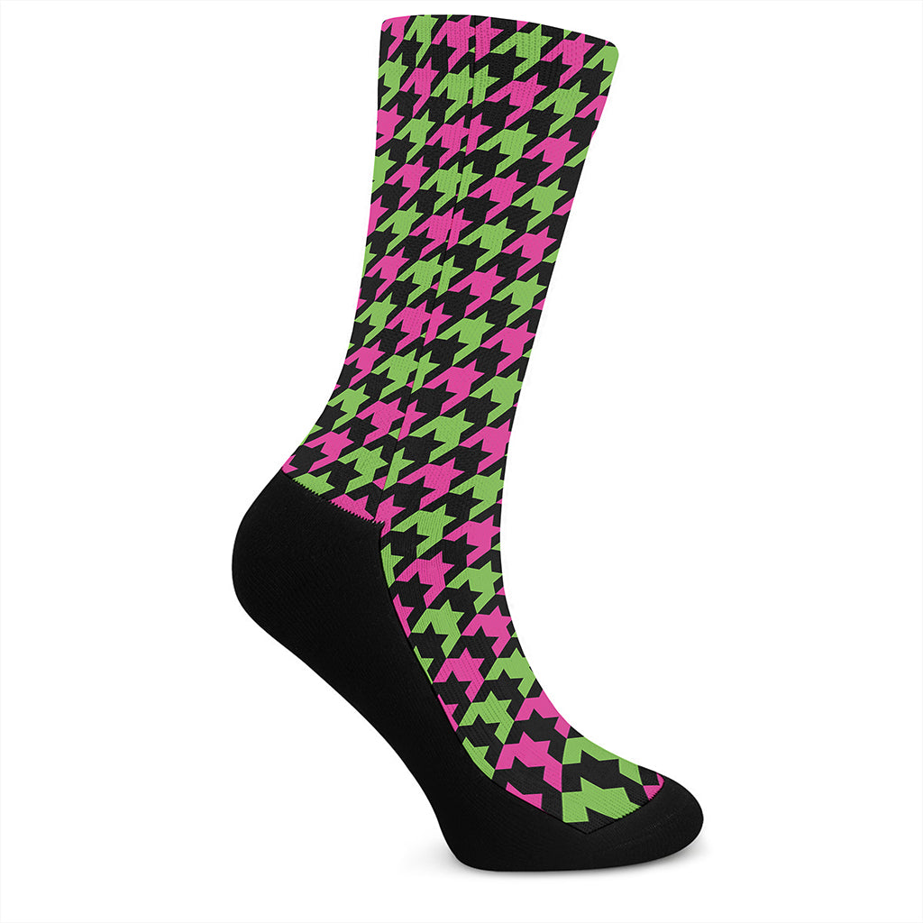 Pink And Green Houndstooth Pattern Print Crew Socks