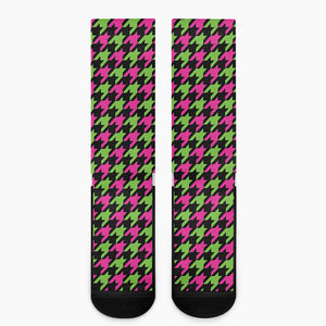 Pink And Green Houndstooth Pattern Print Crew Socks