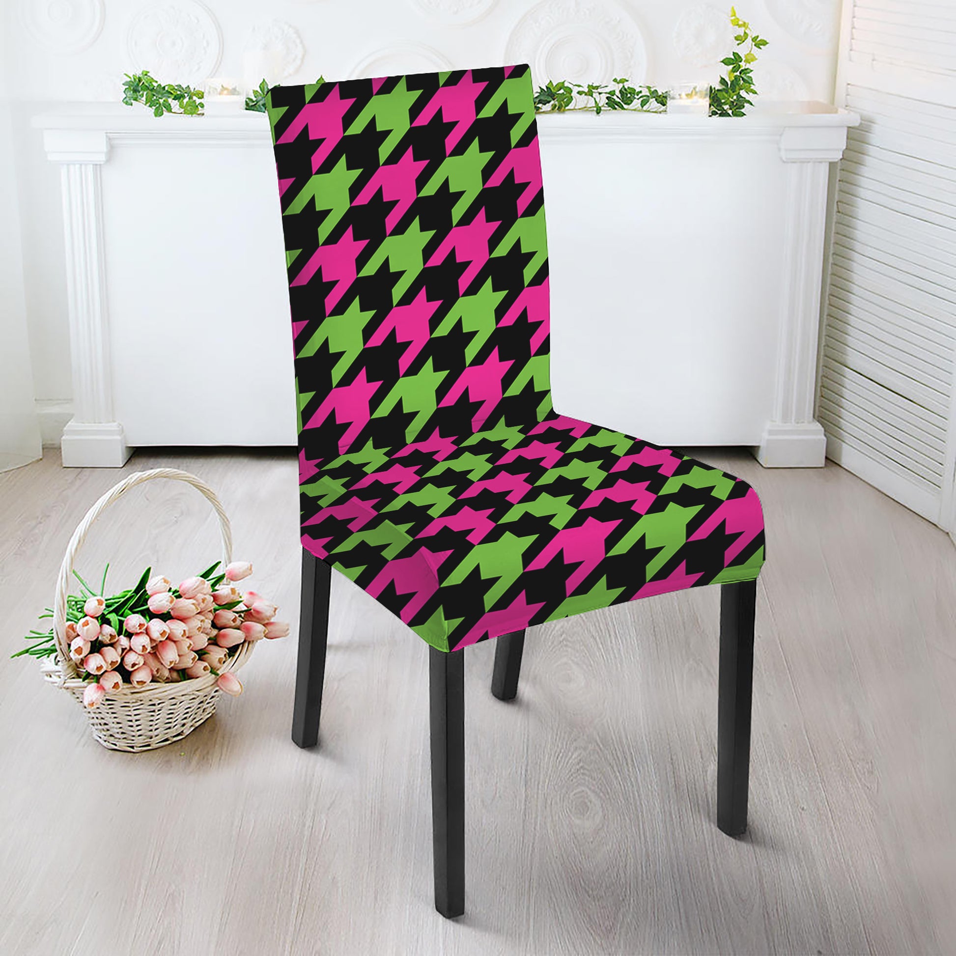 Pink And Green Houndstooth Pattern Print Dining Chair Slipcover