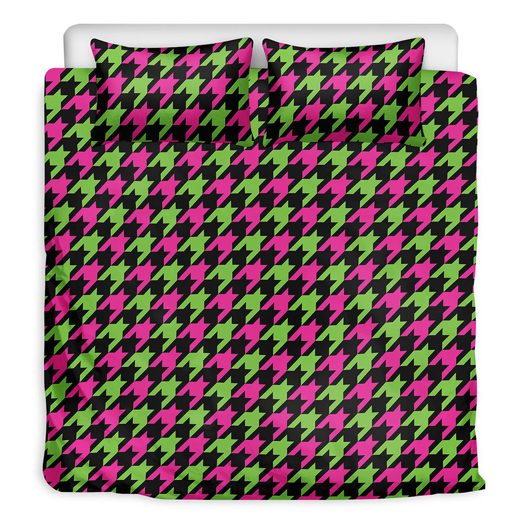 Pink And Green Houndstooth Pattern Print Duvet Cover Bedding Set