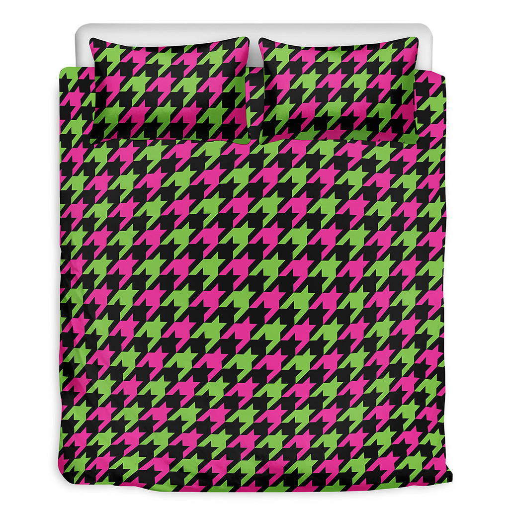 Pink And Green Houndstooth Pattern Print Duvet Cover Bedding Set