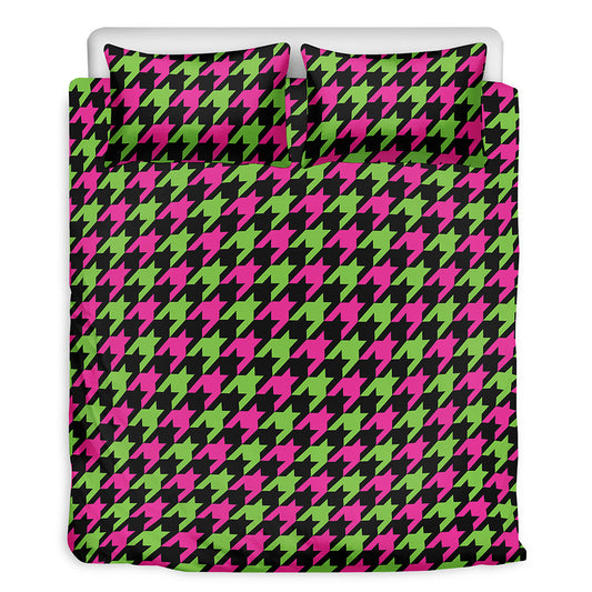 Pink And Green Houndstooth Pattern Print Duvet Cover Bedding Set