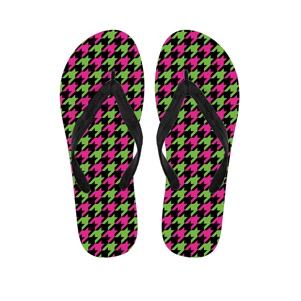 Pink And Green Houndstooth Pattern Print Flip Flops