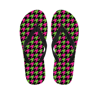 Pink And Green Houndstooth Pattern Print Flip Flops