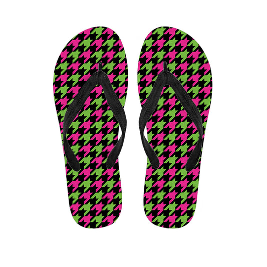 Pink And Green Houndstooth Pattern Print Flip Flops