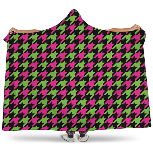 Pink And Green Houndstooth Pattern Print Hooded Blanket