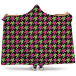 Pink And Green Houndstooth Pattern Print Hooded Blanket