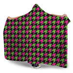 Pink And Green Houndstooth Pattern Print Hooded Blanket