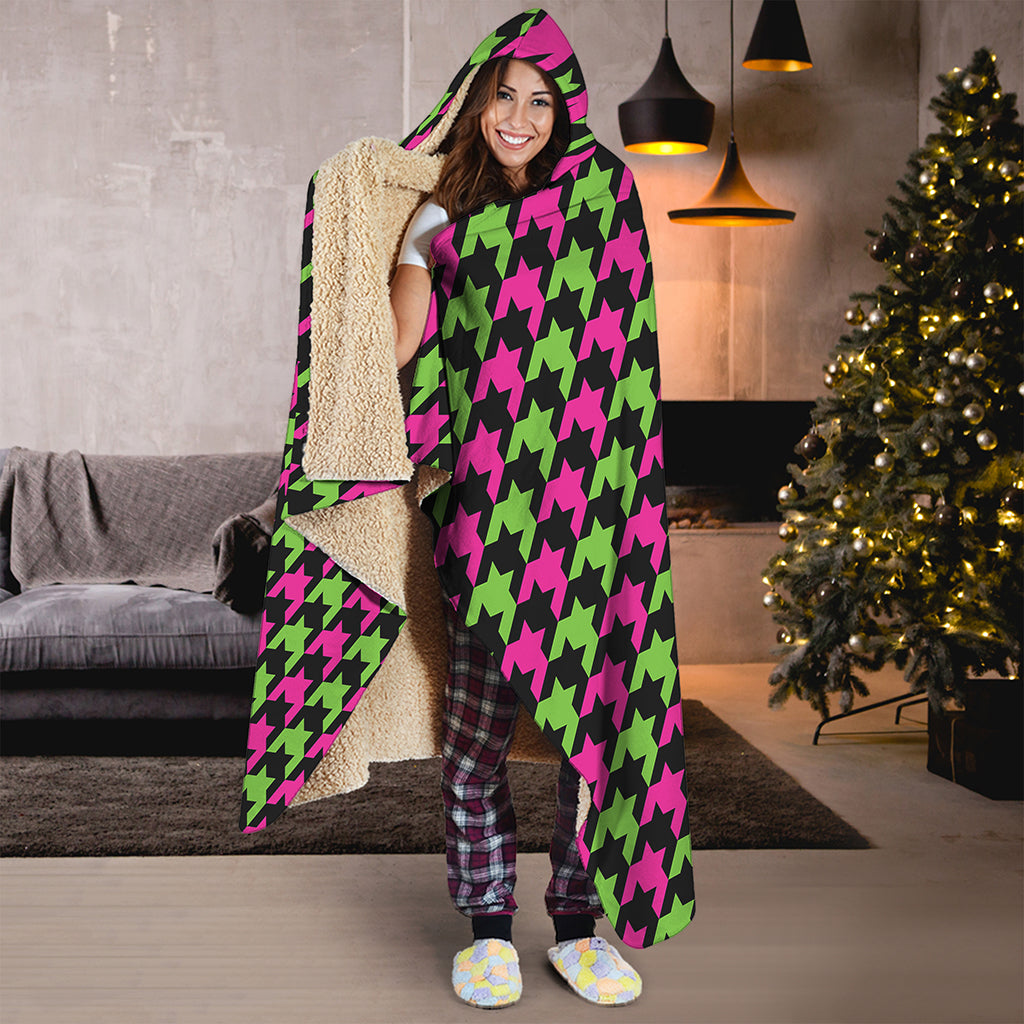 Pink And Green Houndstooth Pattern Print Hooded Blanket