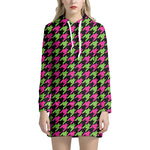 Pink And Green Houndstooth Pattern Print Hoodie Dress