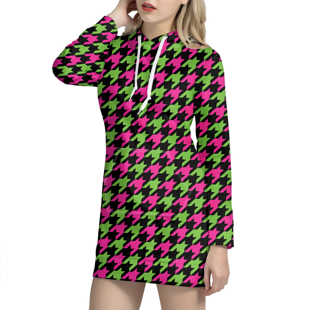 Pink And Green Houndstooth Pattern Print Hoodie Dress