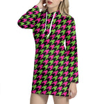 Pink And Green Houndstooth Pattern Print Hoodie Dress