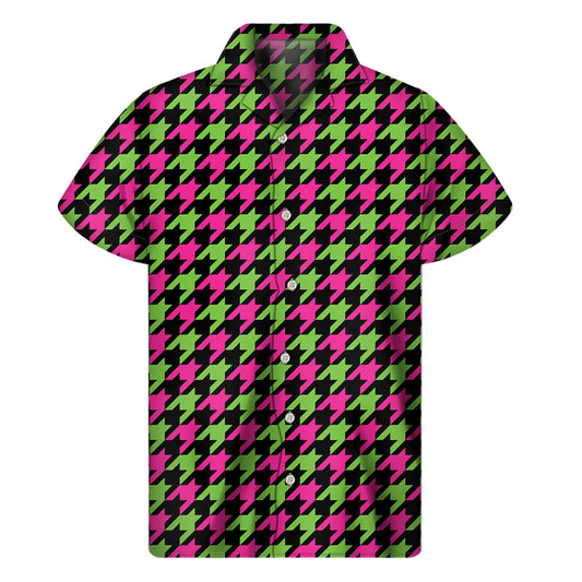Pink And Green Houndstooth Pattern Print Men's Short Sleeve Shirt