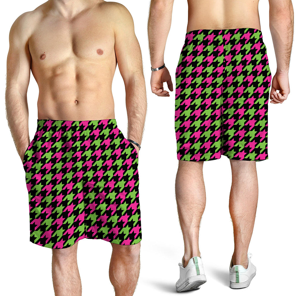 Pink And Green Houndstooth Pattern Print Men's Shorts