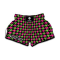 Pink And Green Houndstooth Pattern Print Muay Thai Boxing Shorts