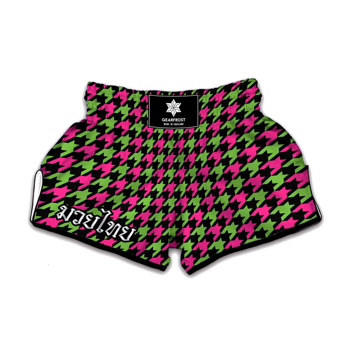 Pink And Green Houndstooth Pattern Print Muay Thai Boxing Shorts